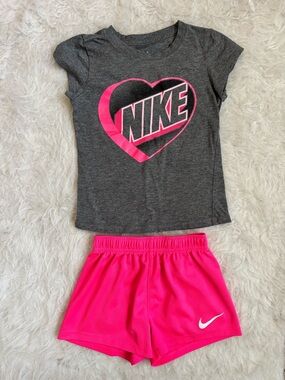Nike Charcoal Gray Tee with Hot Pink Heart Graphic and Bright Pink Shorts